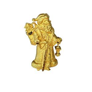 Vintage Gold Tone Santa Claus Lapel Pin Brooch USA Lantern Signed